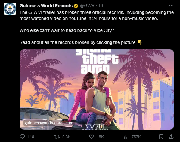 吉尼斯官宣:《GTA6》首支预告片打破了三项世界纪录 YouTube获赞最多的预告片(图2) 打破三项世界纪录!《GTA6》首支预告片获吉尼斯认证